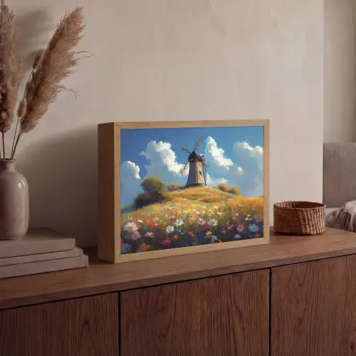 Windmolen - Heuvel - Bloemen - Kleurrijk Light Box met batterij (Wandlamp) middel -sfeer2