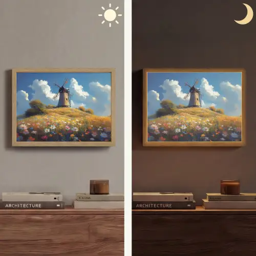 Windmolen - Heuvel - Bloemen - Kleurrijk Light Box met batterij (Wandlamp) middel -sfeer3
