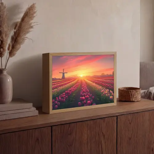 Windmolen - Zonsondergang - Landschap Light Box met batterij (Wandlamp) middel -sfeer2