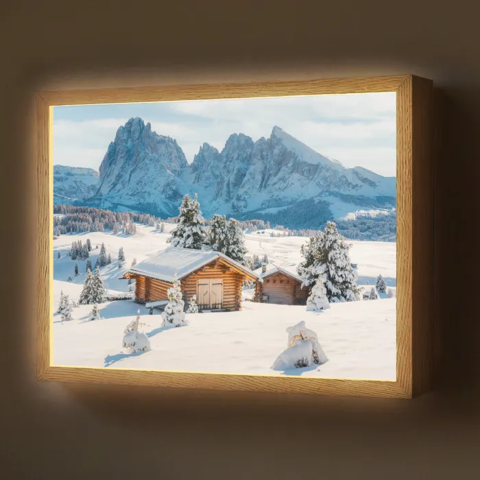 Winter - Huisje - Bergen - Uitzicht - Sneeuw Light Box met batterij (Wandlamp) middel -z3d_website