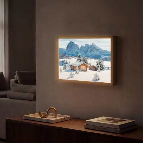 Winter - Huisje - Bergen - Uitzicht - Sneeuw Light Box met batterij (Wandlamp) middel -sfeer1