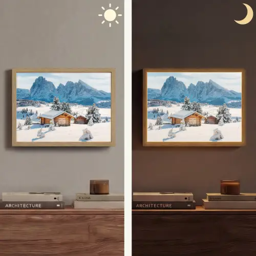Winter - Huisje - Bergen - Uitzicht - Sneeuw Light Box met batterij (Wandlamp) middel -sfeer3