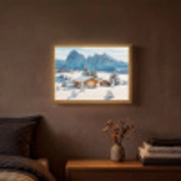 Winter - Huisje - Bergen - Uitzicht - Sneeuw Light Box met batterij (Wandlamp) middel -sfeer4