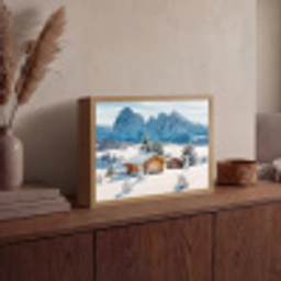 Winter - Huisje - Bergen - Uitzicht - Sneeuw Light Box met batterij (Wandlamp) middel -sfeer2