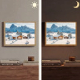 Winter - Huisje - Bergen - Uitzicht - Sneeuw Light Box met batterij (Wandlamp) middel -sfeer3