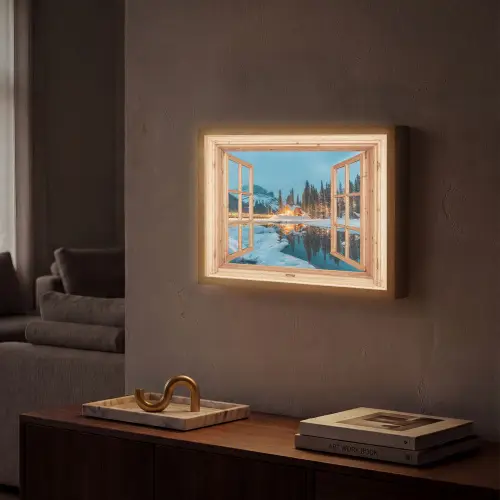 Winterlandschap - Natuur - Huis - Bergen - Doorkijk - Raam Light Box met batterij (Wandlamp) middel -sfeer1