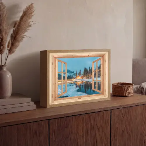 Winterlandschap - Natuur - Huis - Bergen - Doorkijk - Raam Light Box met batterij (Wandlamp) middel -sfeer2
