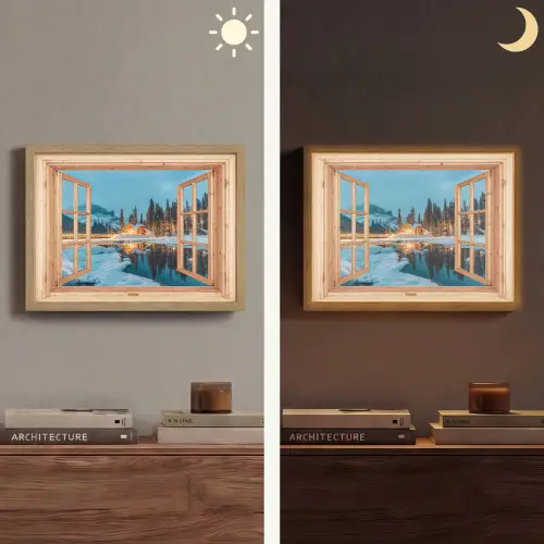 Winterlandschap - Natuur - Huis - Bergen - Doorkijk - Raam Light Box met batterij (Wandlamp) middel -sfeer3