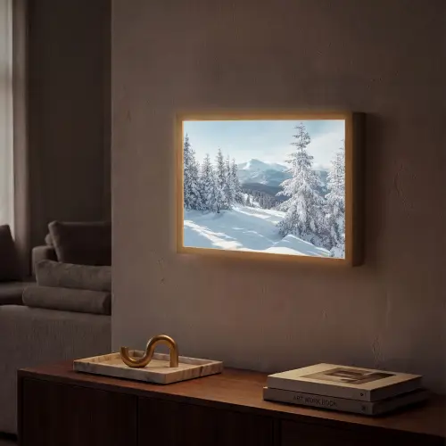Winterlandschap - Natuur - Berg - Bomen - Sneeuw Light Box met batterij (Wandlamp) middel -sfeer1