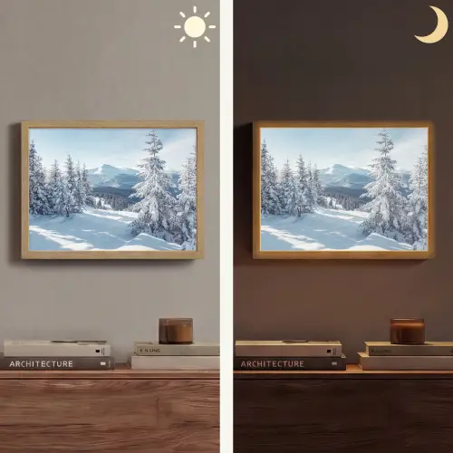 Winterlandschap - Natuur - Berg - Bomen - Sneeuw Light Box met batterij (Wandlamp) middel -sfeer3