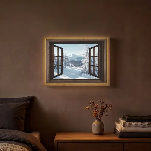 Winter - Landschap - Natuur - Berg - Bomen - Doorkijk - Uitzicht Light Box met batterij (Wandlamp) middel -sfeer4