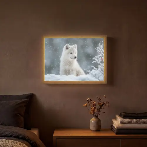 Wolf - Pup - Sneeuw Light Box met batterij (Wandlamp) middel -sfeer4
