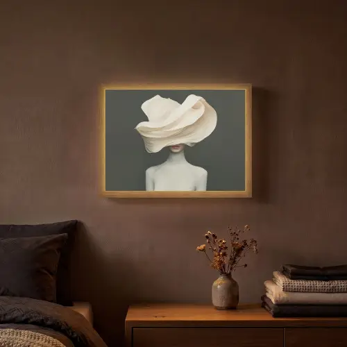 Vrouw - Beige - hoed Light Box met batterij (Wandlamp) middel -sfeer4