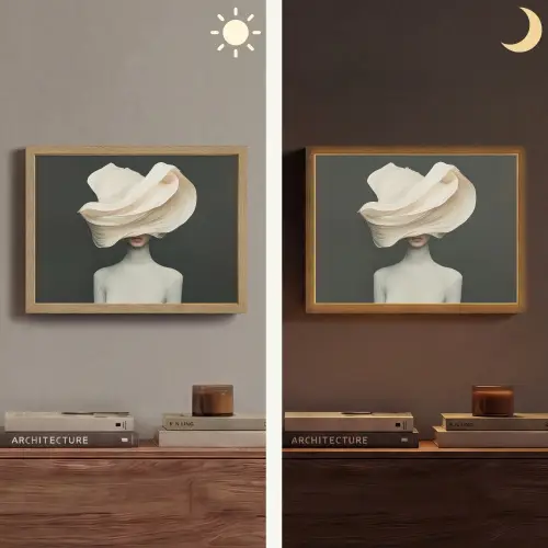 Vrouw - Beige - hoed Light Box met batterij (Wandlamp) middel -sfeer3