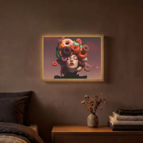 Vrouw - Donuts - Kleurrijk Light Box met batterij (Wandlamp) middel -sfeer4
