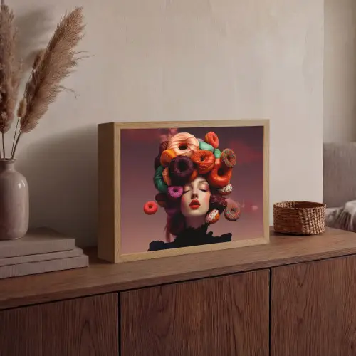 Vrouw - Donuts - Kleurrijk Light Box met batterij (Wandlamp) middel -sfeer2