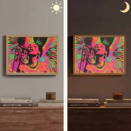 Vrouw - Microfoon - Neon Light Box met batterij (Wandlamp) middel -sfeer3