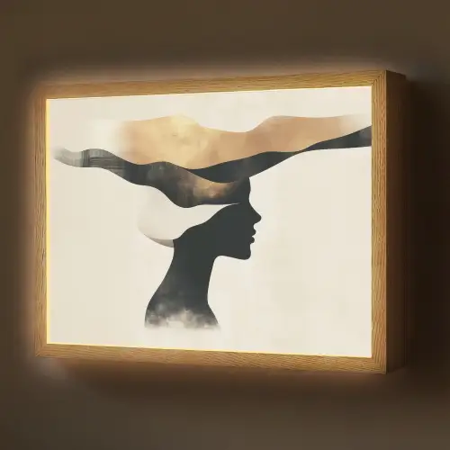 Vrouw - Golven - Zwart Light Box met batterij (Wandlamp) middel -z3d_website