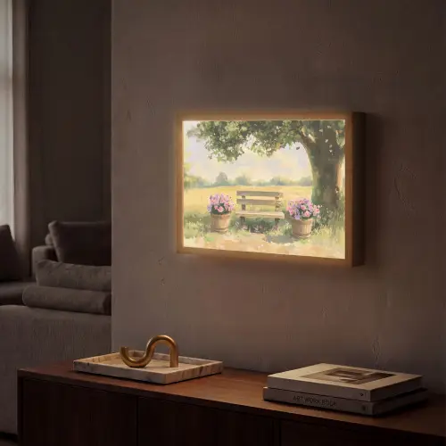 Houten bankje - Bloempotten - Landschap Light Box met batterij (Wandlamp) middel -sfeer1