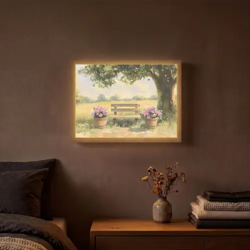 Houten bankje - Bloempotten - Landschap Light Box met batterij (Wandlamp) middel -sfeer4