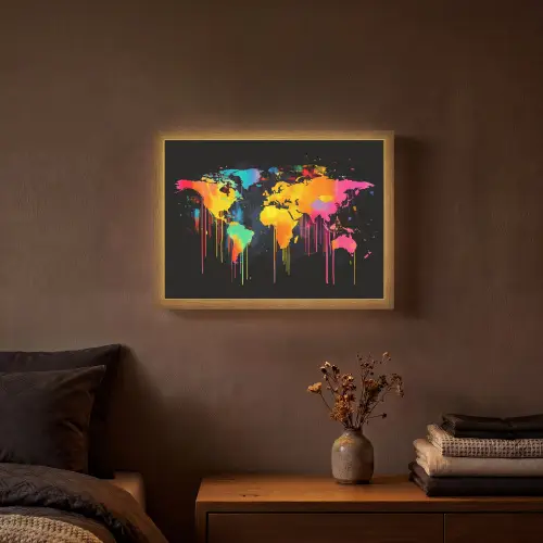 Wereldkaart - Verf - Kleurrijk - Graffiti - Wereld Light Box met batterij (Wandlamp) middel -sfeer4