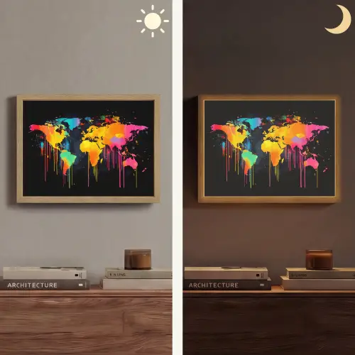 Wereldkaart - Verf - Kleurrijk - Graffiti - Wereld Light Box met batterij (Wandlamp) middel -sfeer3