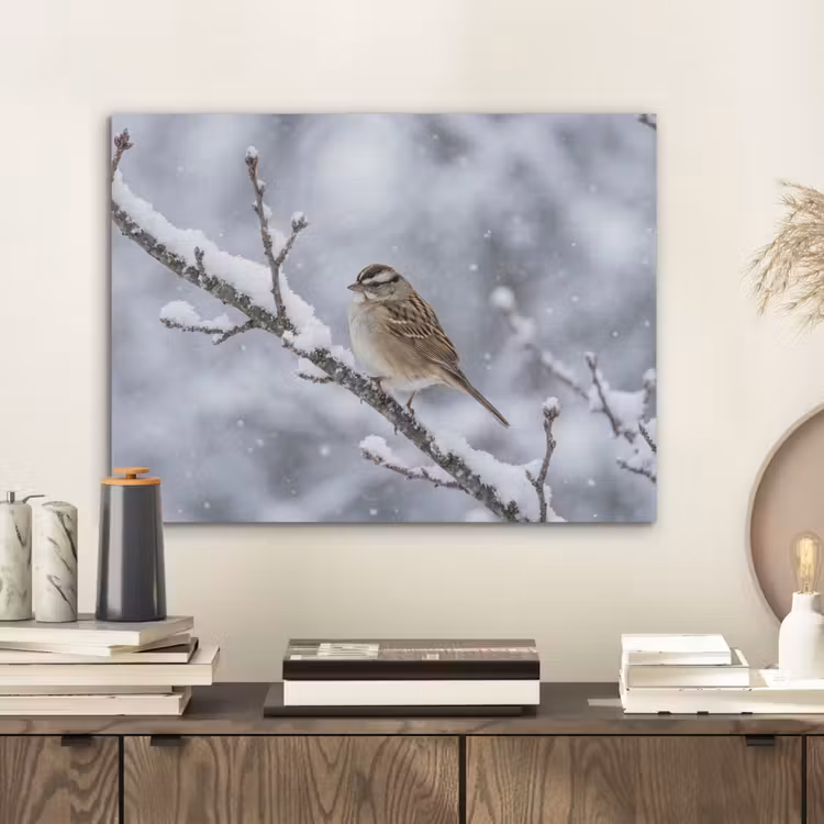 Vogel - Tak - Sneeuw - Winter PET vilt klein -sfeer1