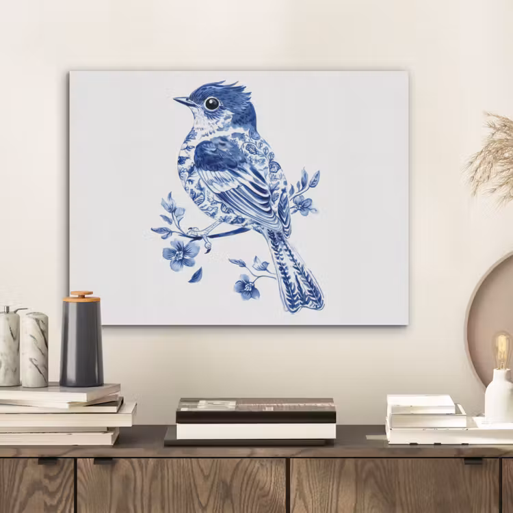 Vogel - Delfts blauw - Illustratie - Bloemen PET vilt klein -sfeer1