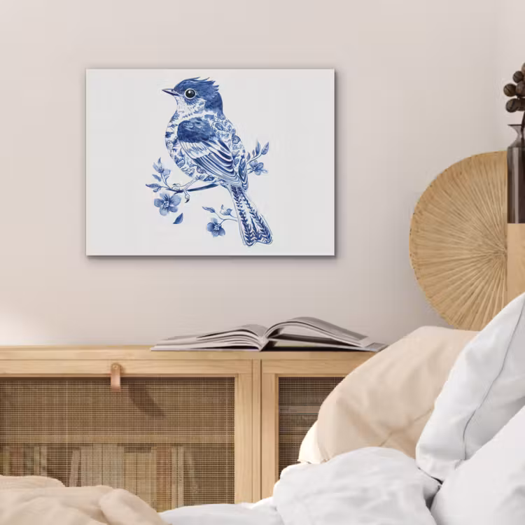 Vogel - Delfts blauw - Illustratie - Bloemen PET vilt klein -sfeer3