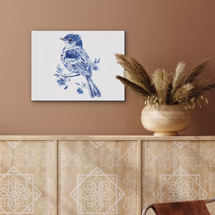 Vogel - Delfts blauw - Illustratie - Bloemen PET vilt klein -sfeer4