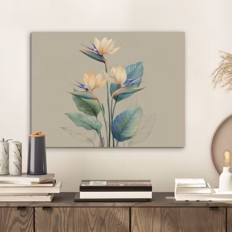 Paradijsvogelbloemen - Blauwgroene bladeren - Beige PET vilt klein -sfeer1