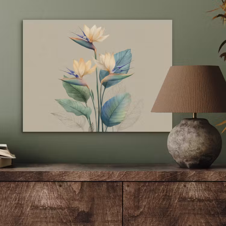 Paradijsvogelbloemen - Blauwgroene bladeren - Beige PET vilt klein -sfeer2