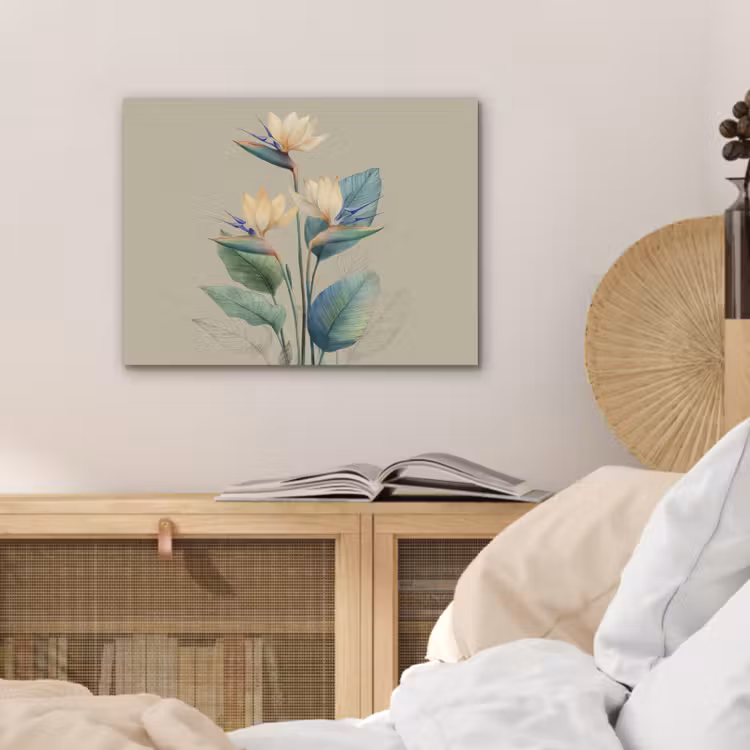 Paradijsvogelbloemen - Blauwgroene bladeren - Beige PET vilt klein -sfeer3