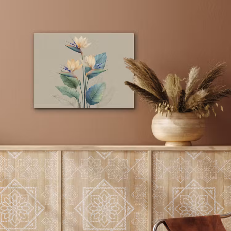Paradijsvogelbloemen - Blauwgroene bladeren - Beige PET vilt klein -sfeer4