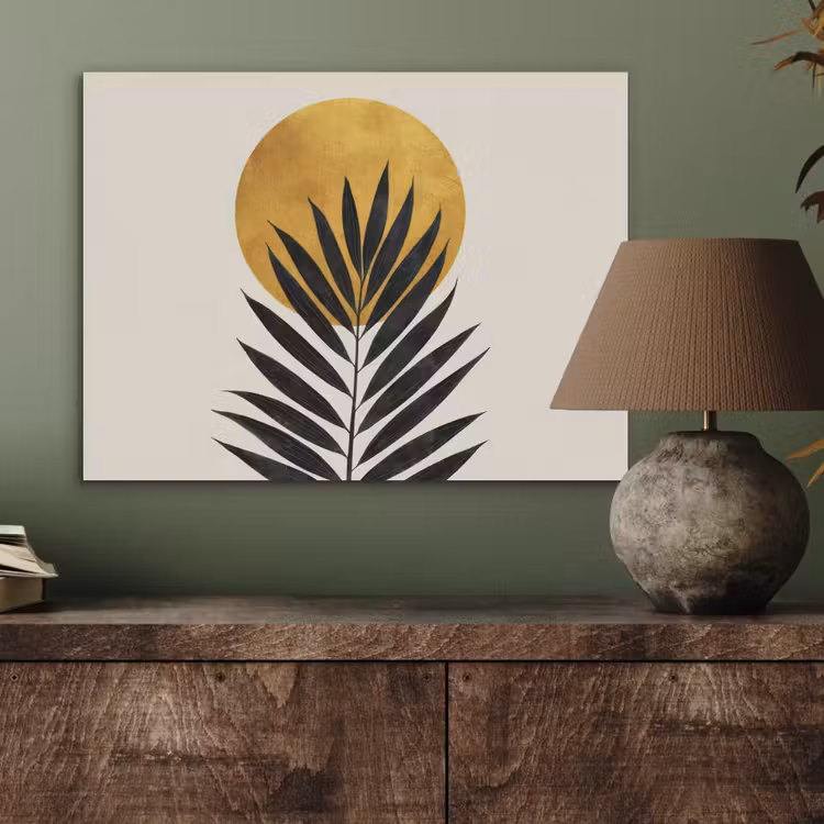 Zwart palmblad - Gouden cirkel - Beige achtergrond PET vilt klein -sfeer2