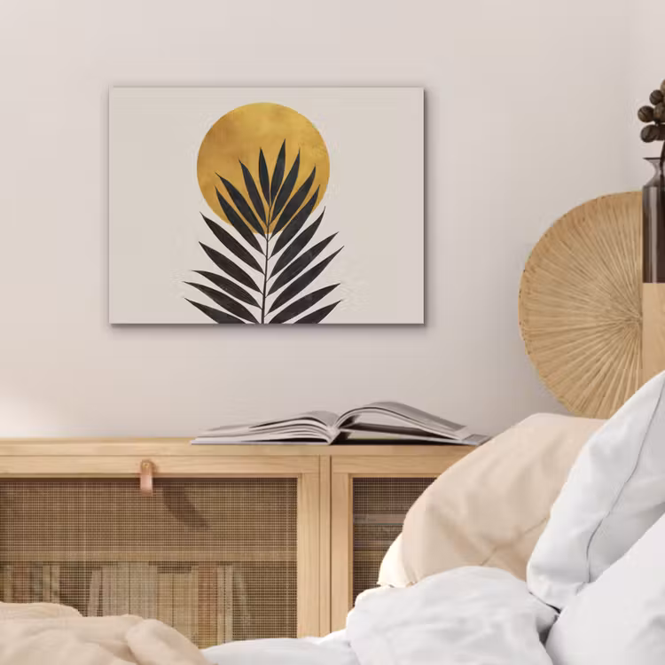 Zwart palmblad - Gouden cirkel - Beige achtergrond PET vilt klein -sfeer3