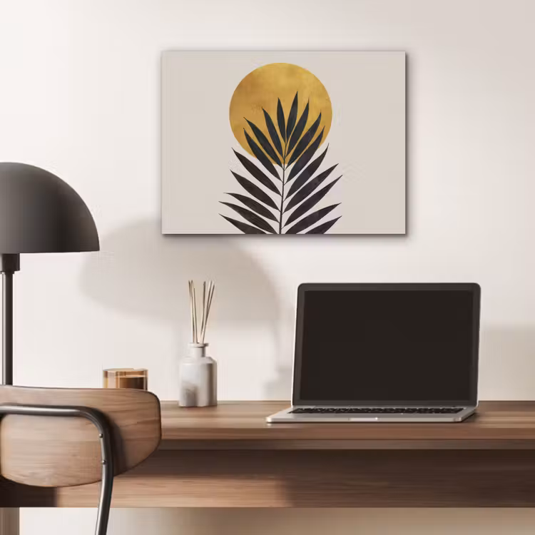 Zwart palmblad - Gouden cirkel - Beige achtergrond PET vilt klein -sfeer5