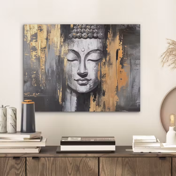 Boedhha - Penseelstreken - Goud - Abstract PET vilt klein -sfeer1