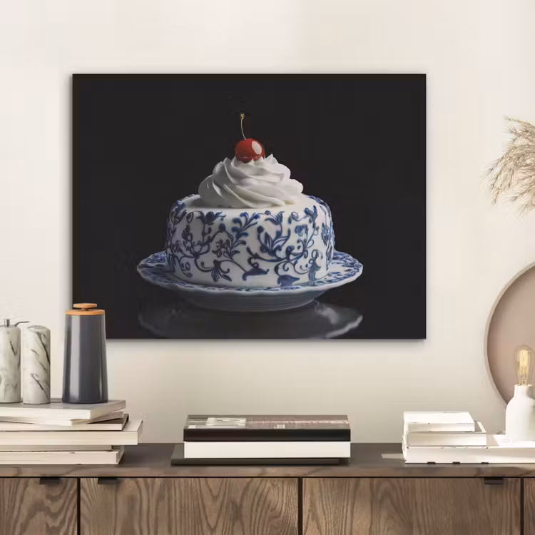 Taart - Slagroom - Kers - Bord - Delfts blauw PET vilt klein -sfeer1