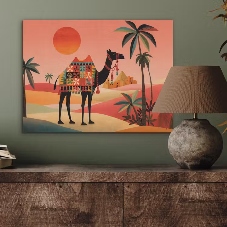 Kameel - Gekleurd tapijt - Duinen - Rode zon PET vilt klein -sfeer2