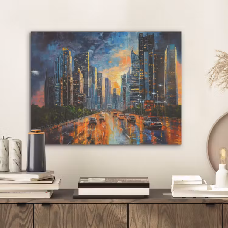 Auto - Skyline - Zon - Blauw PET vilt klein -sfeer1