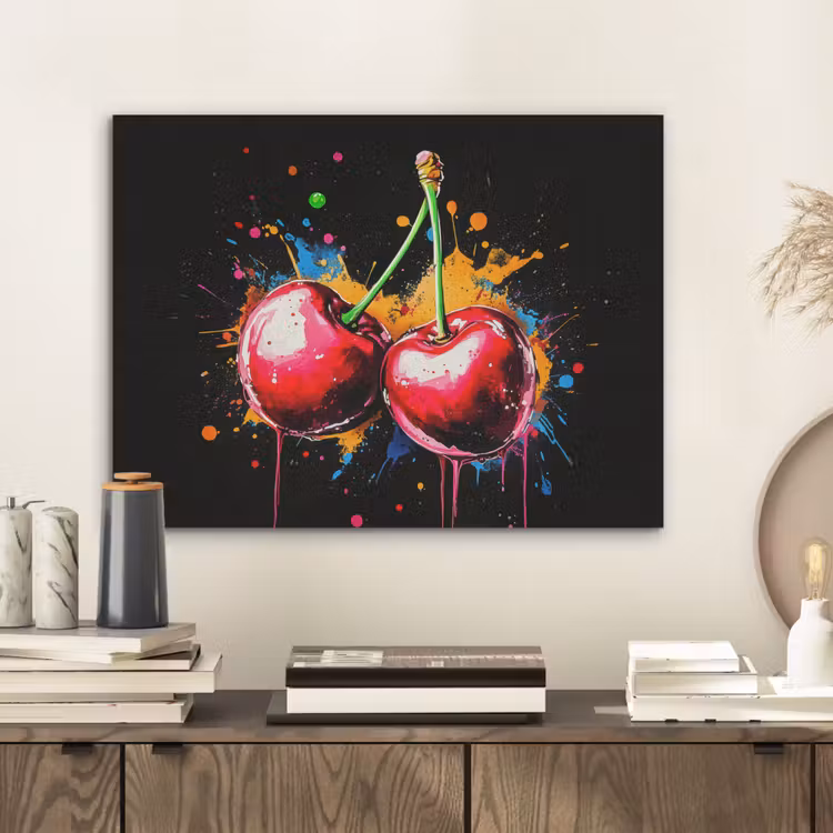 Kersen - Fruit - Graffiti - Verf - Abstract - Modern - Kleurrijk PET vilt klein -sfeer1