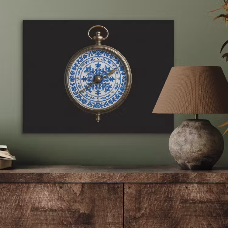 Kompas - Delfts blauw - Zwart PET vilt klein -sfeer2