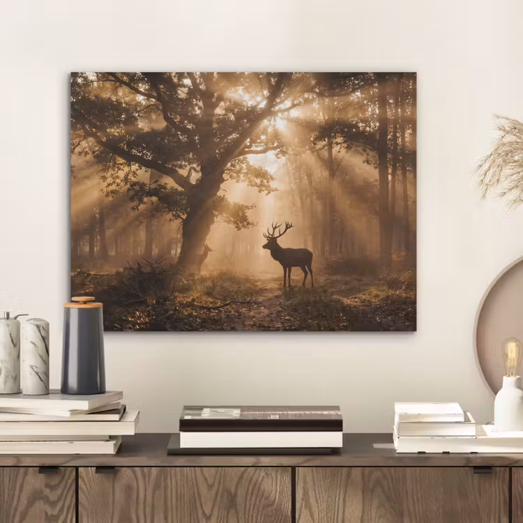 Hert - Bos - Mistig - Natuur - Goud PET vilt klein -sfeer1