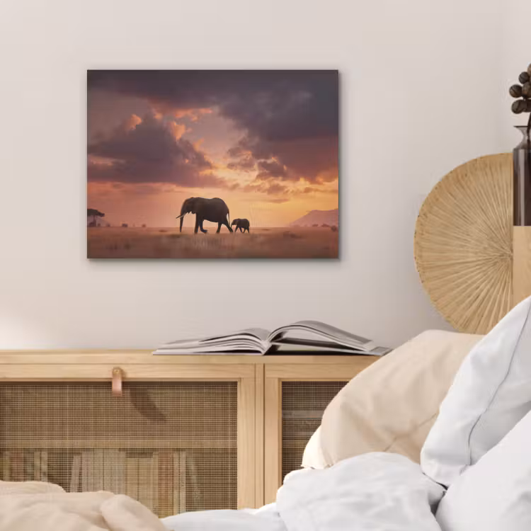 Olifanten - Grasland - Zonsondergang PET vilt klein -sfeer3