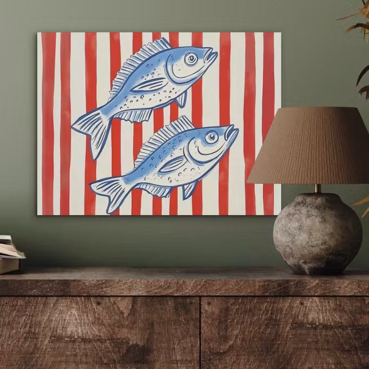 Vissen - Verticale strepen - Blauw - Rood PET vilt klein -sfeer2