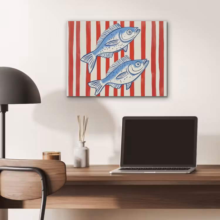 Vissen - Verticale strepen - Blauw - Rood PET vilt klein -sfeer5
