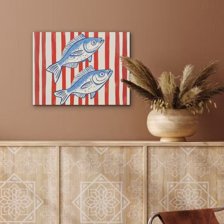 Vissen - Verticale strepen - Blauw - Rood PET vilt klein -sfeer4