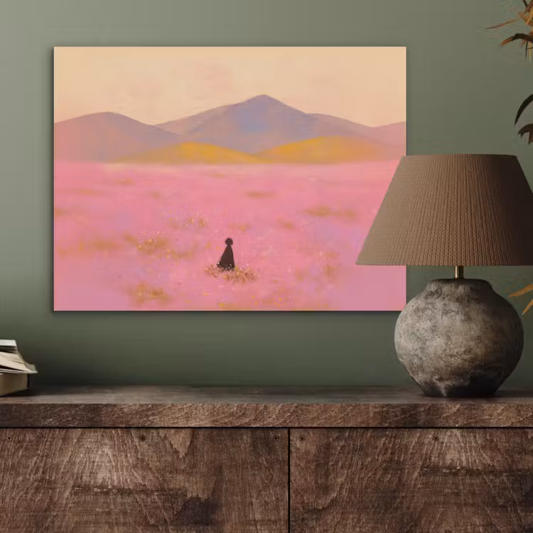 Bloemenweide - Heuvels - Silhouet - Roze PET vilt klein -sfeer2