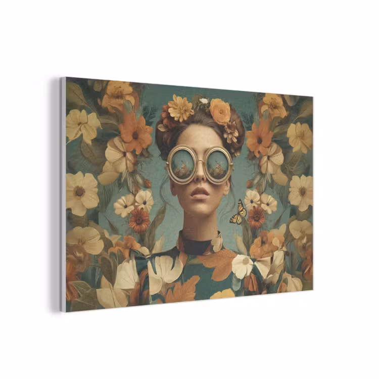 Bloemenkrans - Vrouwengezicht - Zonnebril - Oranje PET vilt middel -3d
